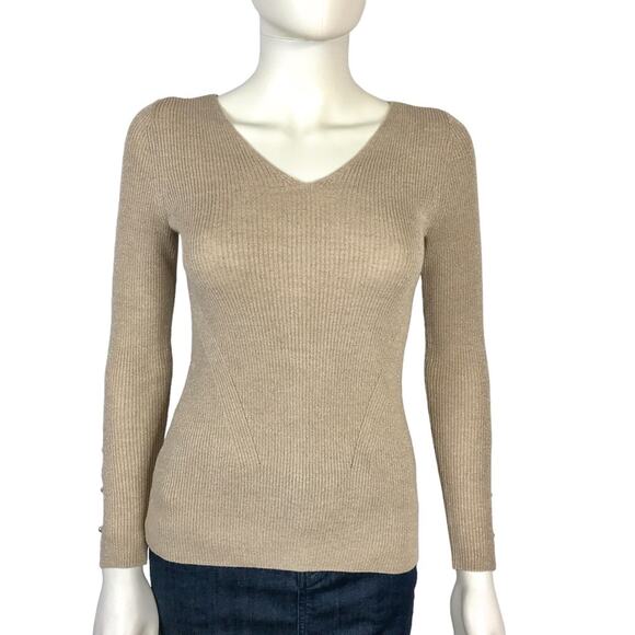 Ann Taylor Gold & Beige Knit Sweater Shimmer Pearl Buttons V-neck - Picture 1 of 7